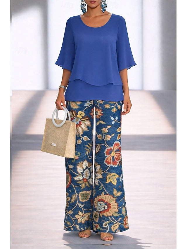 Women's Pants Sets Half Sleeve Butterfly Sleeve Round Neck