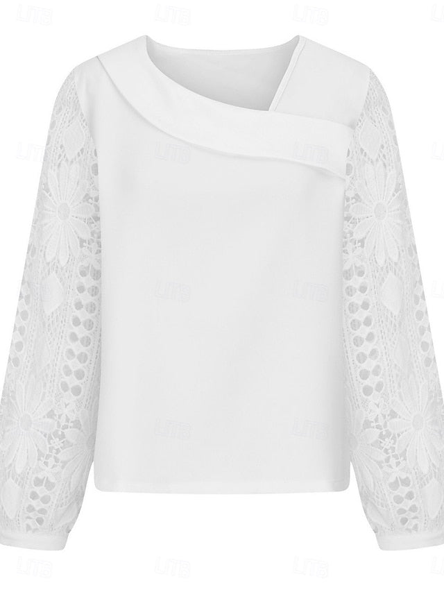 Women's White Elegant Lace Tops Eyelet Blouse Casual Solid