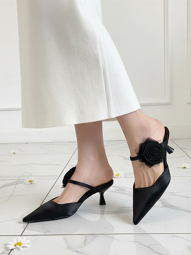 with Pointed Green Heels Ankle Satin Women's Floral Toe