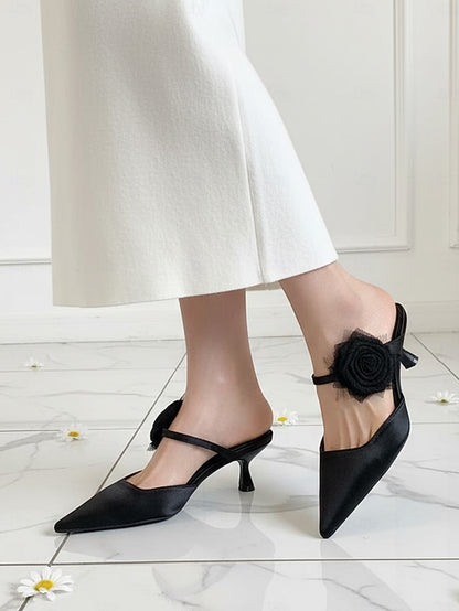 with Pointed Green Heels Ankle Satin Women's Floral Toe