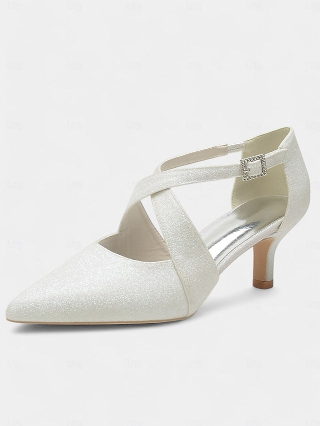 with Cross Heels Strap Buckle Kitten Glitter Rhinestone White