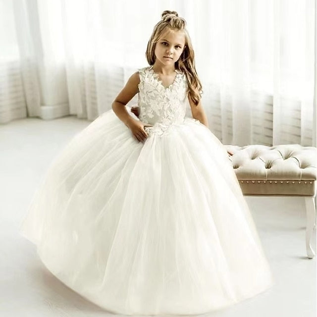 Girl Flower Party Dress Solid Color Kids Girls'