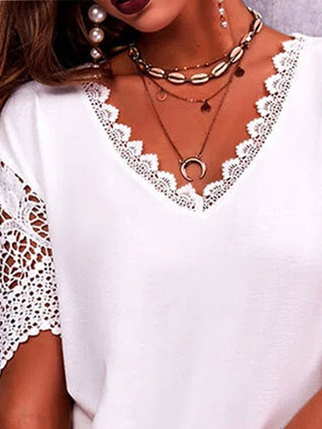 Women's T Shirt Lace Patchwork Eyelet Plain Fashion Modern