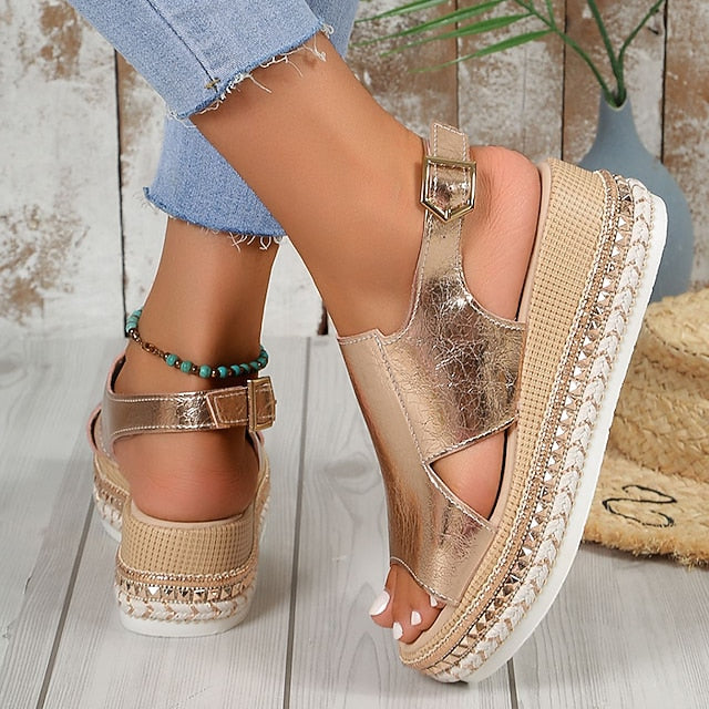 Faux Gold Platform Espadrille Leather Women's Metallic