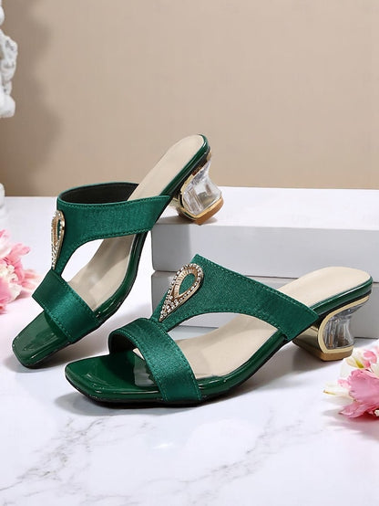 with Sandals Slide Women's Satin Rhinestone Green