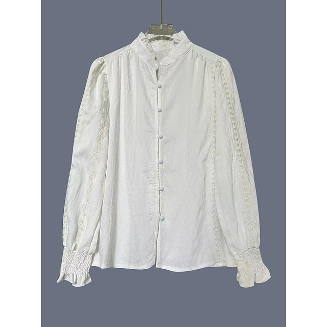 Women's Summer Shirt Casual Shirt Blouse Ruched Embroidered