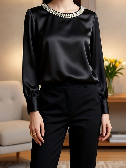 Women's Blouse Dressy Tops Ruched Patchwork Beaded Solid