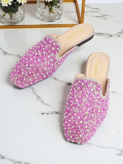 - Women's Pearl and Pink Rhinestone Mules Embellished