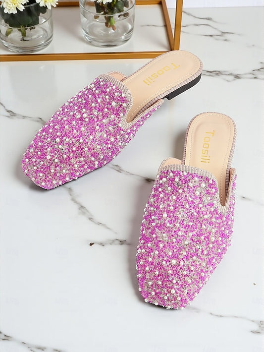 - Women's Pearl and Pink Rhinestone Mules Embellished