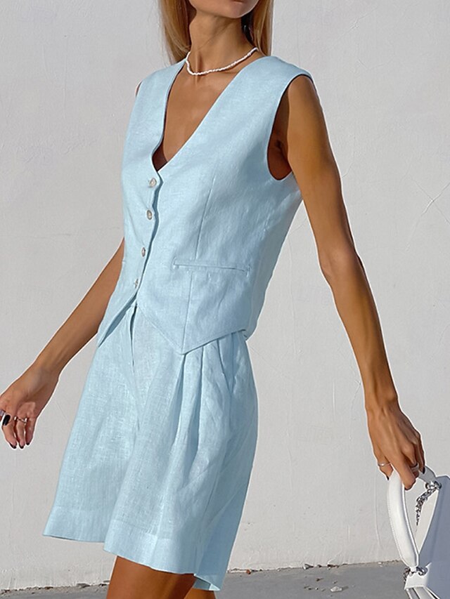 Women's Cotton Linen Sets Shorts Sets Bolero Top Sleeveless