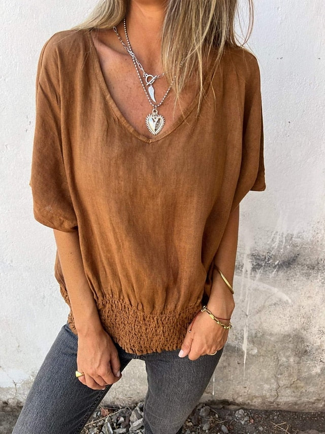 Women's Shirt Blouse 100% Cotton Ruched Solid Color Basic