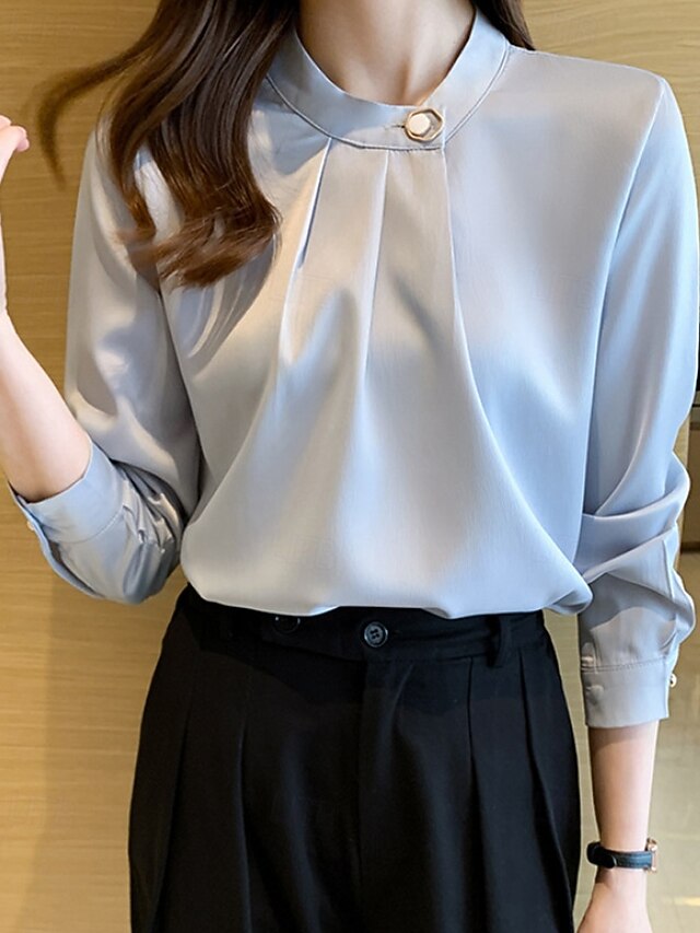 Women's Shirt Elegant Dressy Satin Top Ruched Buttons Plain