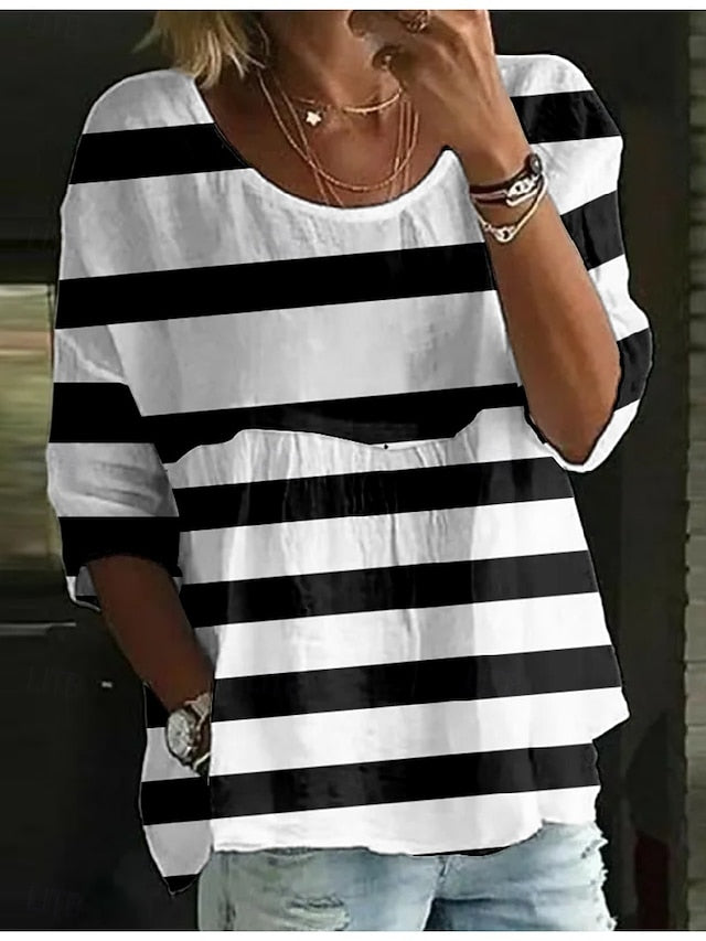 Women's Blouse Print Striped Stylish 3/4 Length Sleeve Crew