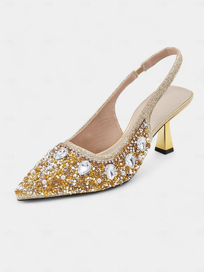 Women's Slingback Heels with Rhinestone Pearl Gold