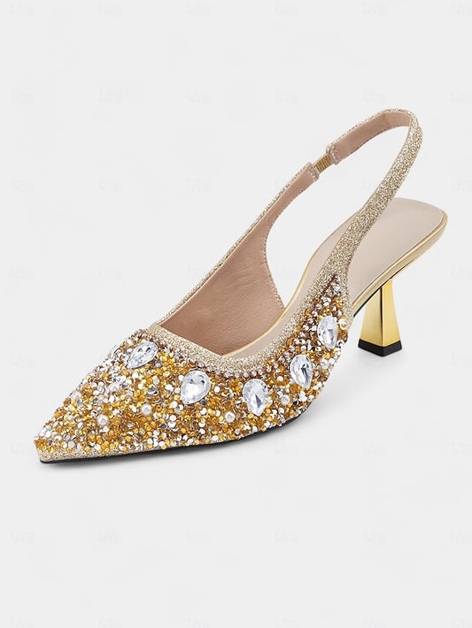 Women's Slingback Heels with Rhinestone Pearl Gold
