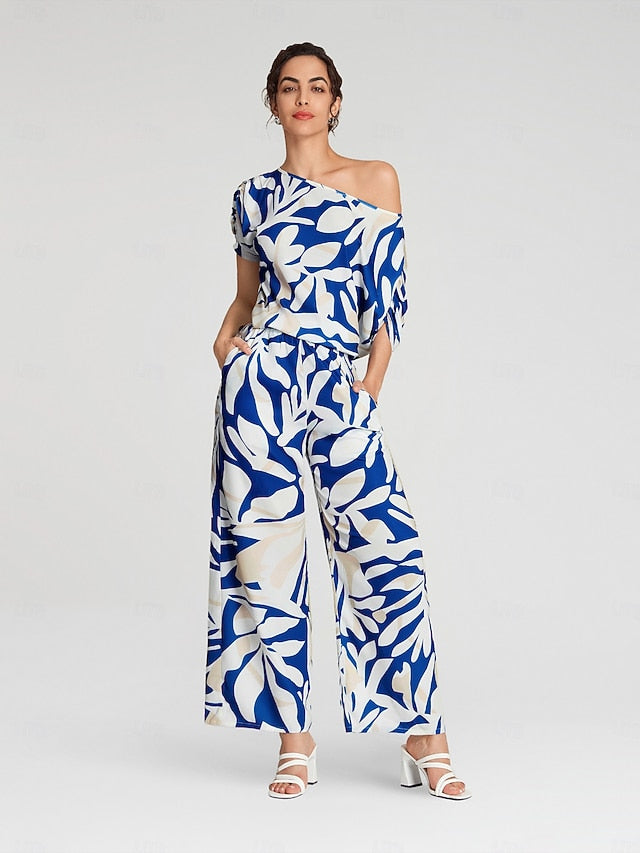 Satin Mismatched Floral Slash Neck T-shirt Sleeve Two Piece Set