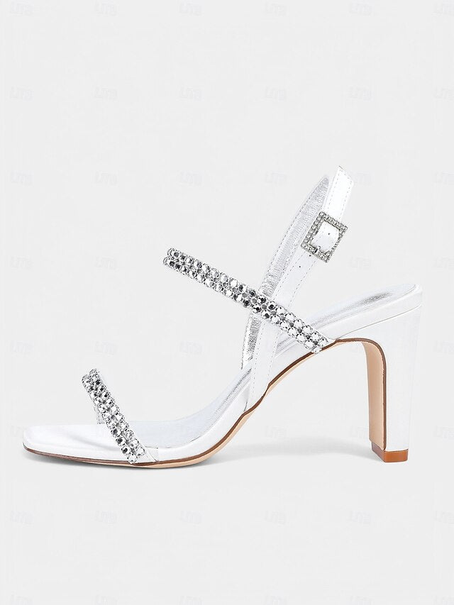– Bridal Women's Heel Rhinestone Prom Sandals Block White