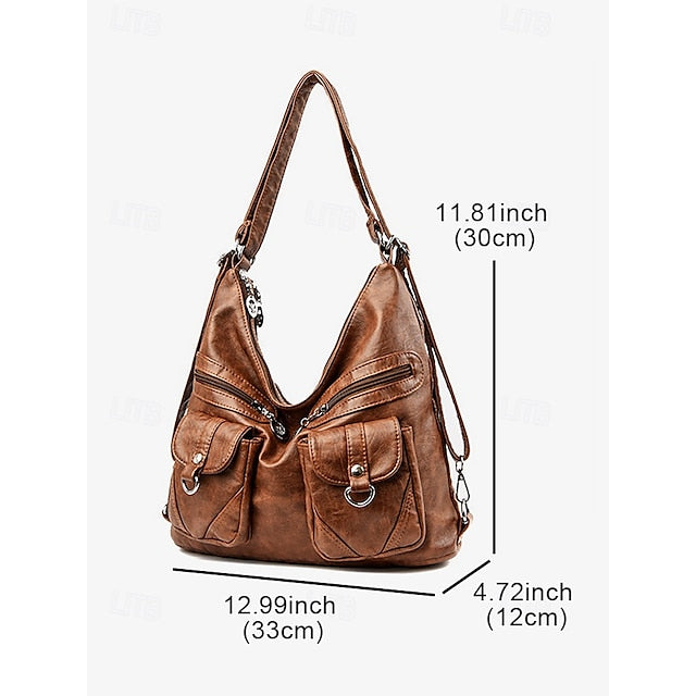 Brown Leather Women's Bag Multiple Faux Pockets with Hobo