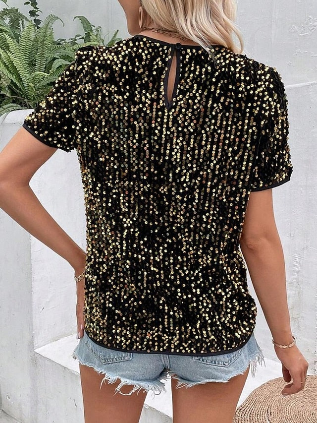 Women's Blouse Sequins Solid Color Stylish Casual Short