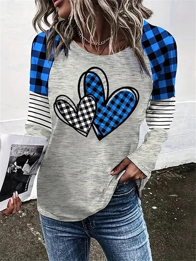 Valentine Women's Heart T Shirt Casual Print Long Sleeve