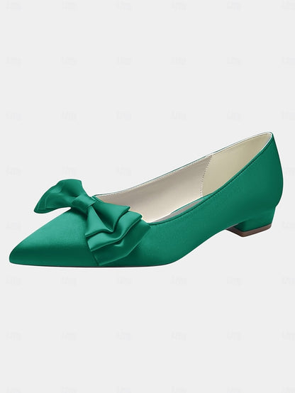 - Bow Satin Flats Women's Pointed Toe Green Elegant