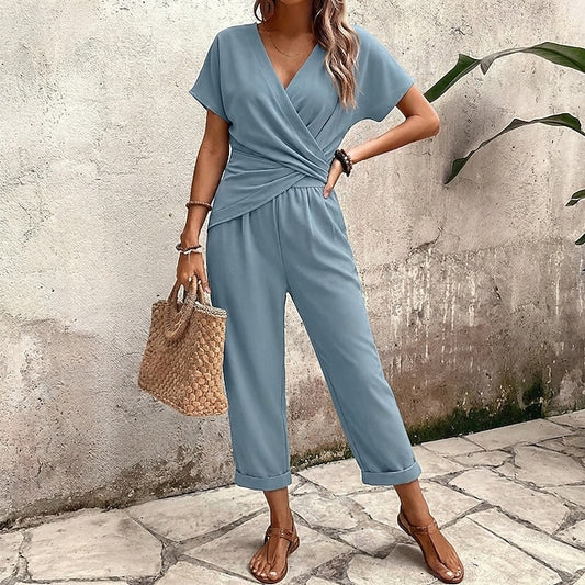 Women's Pants Sets Bolero Top Short Sleeve V Neck Plain
