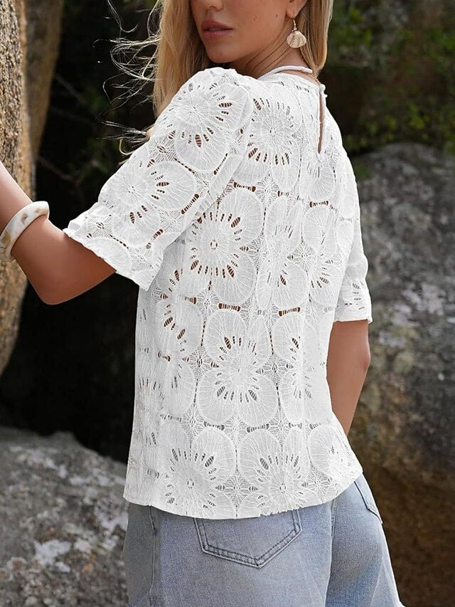 Women's T Shirt Lace Patchwork Plain Fashion Stylish
