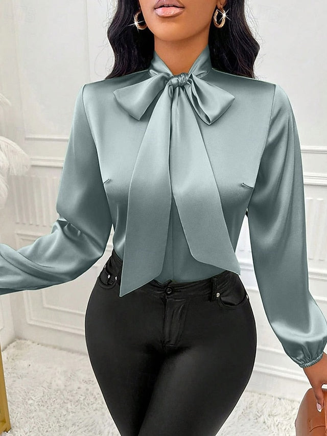Women's Shirt Elegant Dressy Satin Top Bow Solid Color