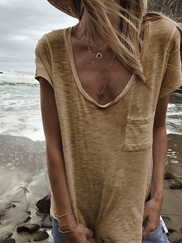 Women's T Shirt Pocket Plain Basic Short Sleeve V Neck