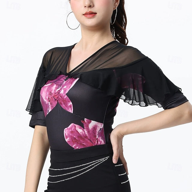 Latin Dance Top Printing Splicing Tulle Women's Performance