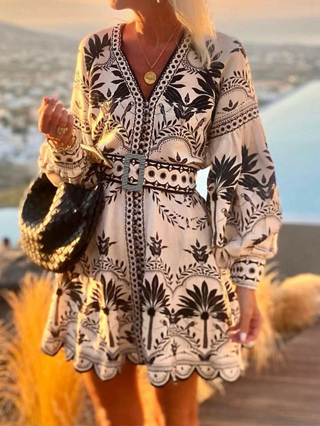 Women's Floral V Neck Mini Dress Long Sleeve Summer Spring