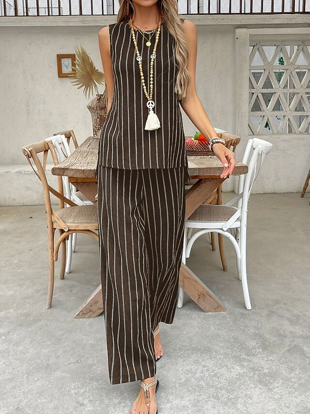 Women's Tracksuit Pants Sets Sleeveless Round Neck Striped
