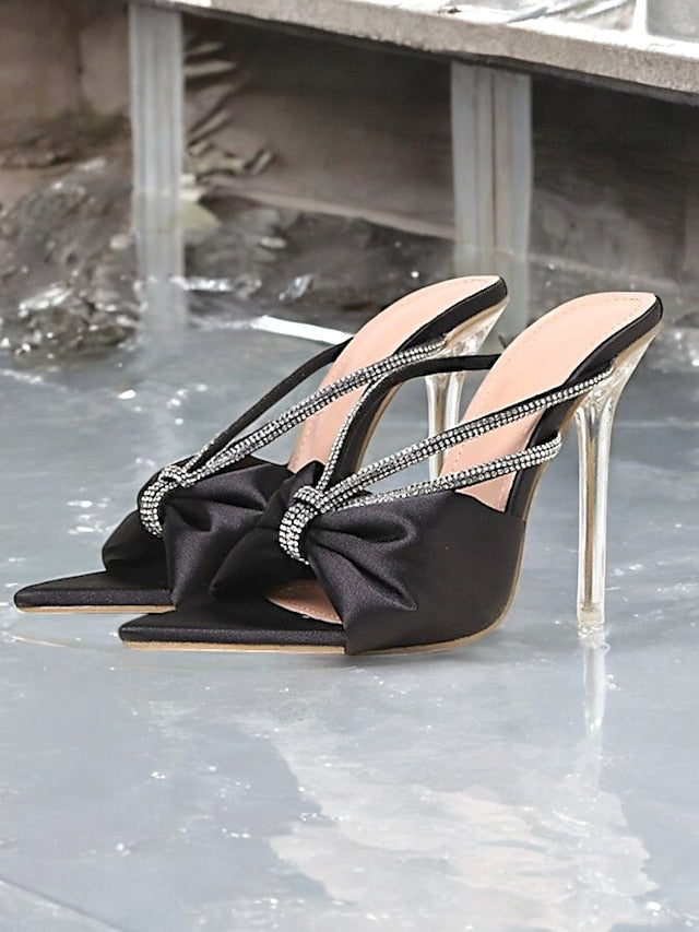 Heeled Rhinestone Sandals Bow Satin Women's – Hot Pink