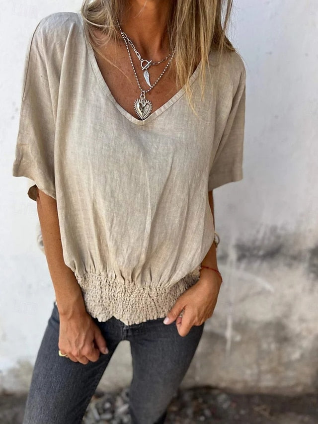 Women's Shirt Blouse 100% Cotton Ruched Solid Color Basic
