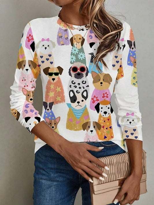 Women's T shirt Crew Neck Long Sleeve Tunic Cat Dog Casual