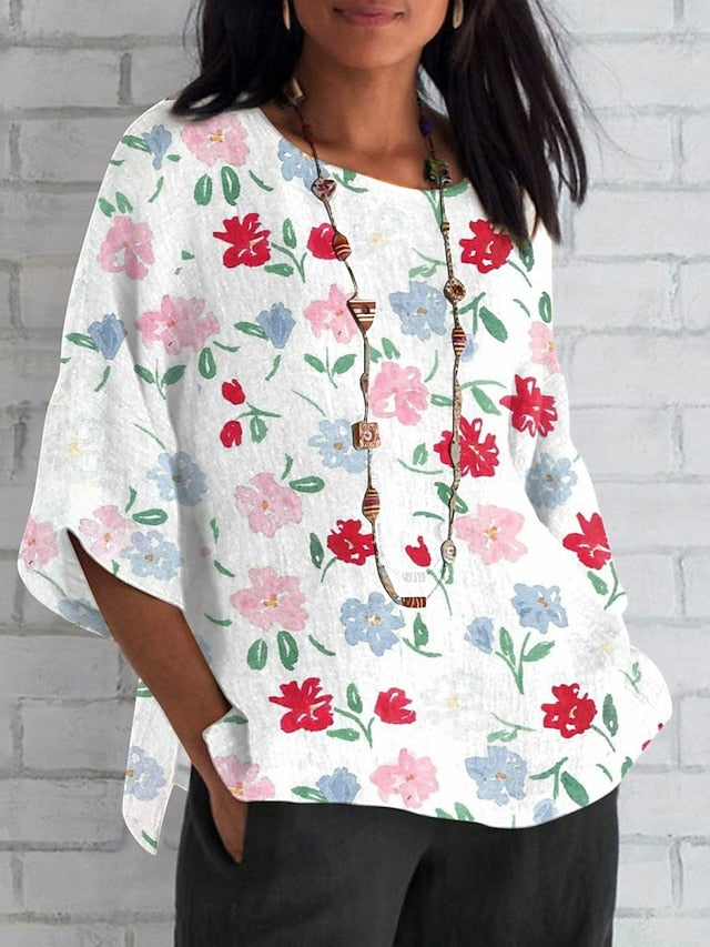 Women's Shirt Faux Cotton Linen Print Floral Daily Casual