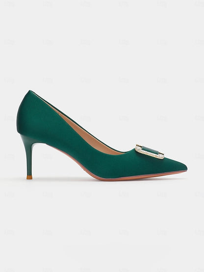 Rhinestone with Elegant Buckle Women: Green for Satin Pumps