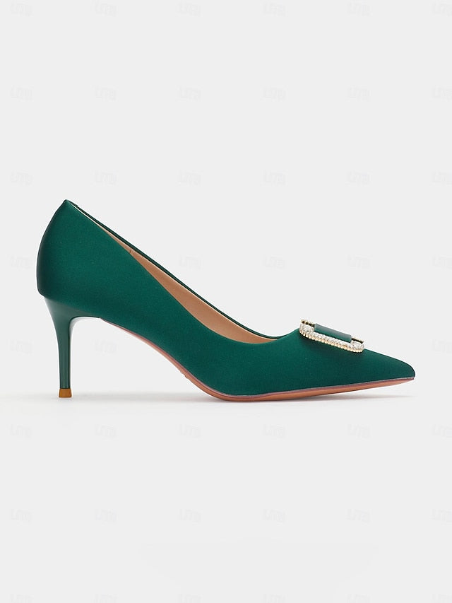 Satin Elegant for Rhinestone with Buckle Women: Green Pumps