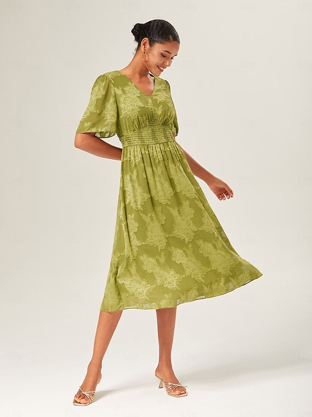 Women's Elegant Dress Green Short Sleeve Jacquard Jacquard