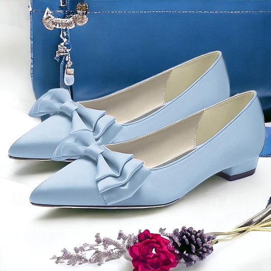 Women's Flats Pointed Party Low Shoes Heel Wedding Bowknot