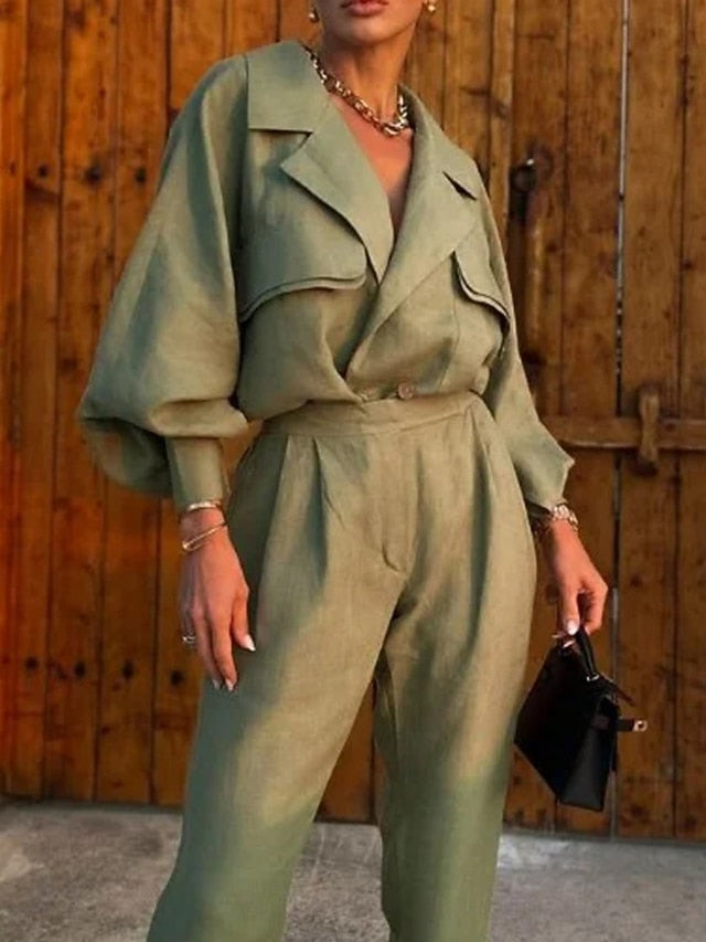 Women's Shirt Wide Leg Pants Long Sleeve Shirt Collar Plain