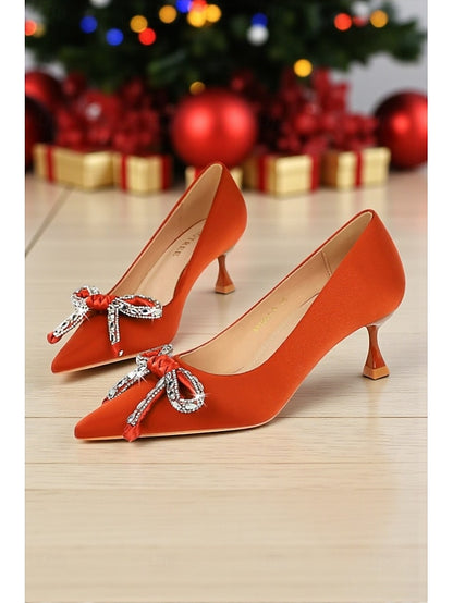Bow Orange with Heels Crystal Pointed - Women's Stiletto