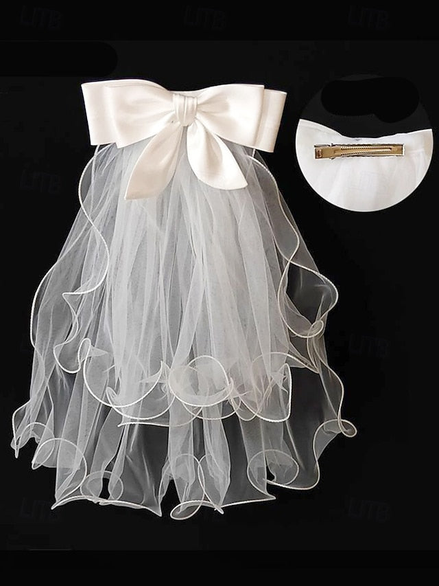 Ivory Ribbon Soft Bridal Satin Tulle and with Elegant Veil -