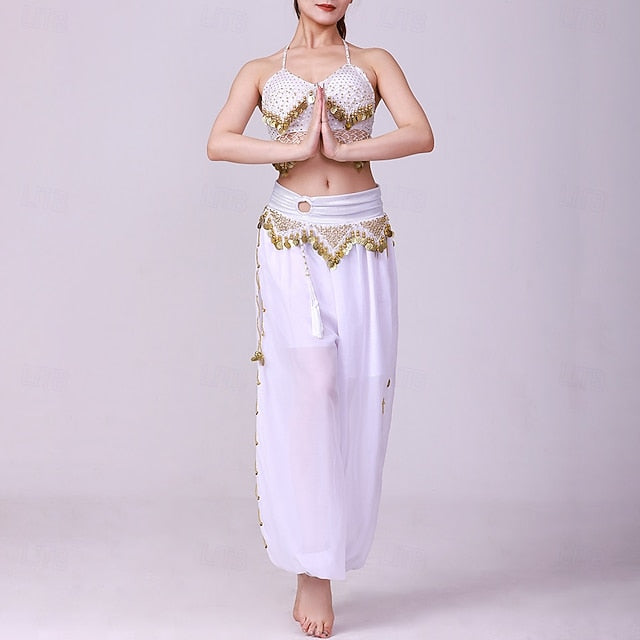 Latin Dance Top Gold Coin Pure Color Splicing Women's