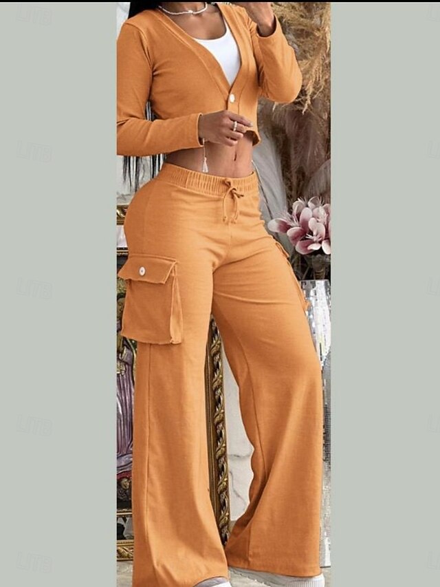 Women's Pants Sets Long Sleeve V Neck Solid Color