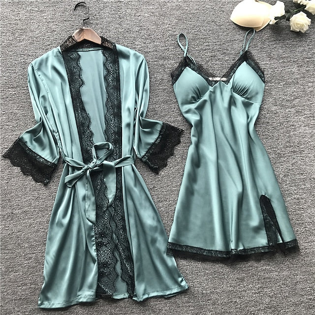 Women's Lace Satin Silk Pajamas Sets 4 Pcs Home Party Daily