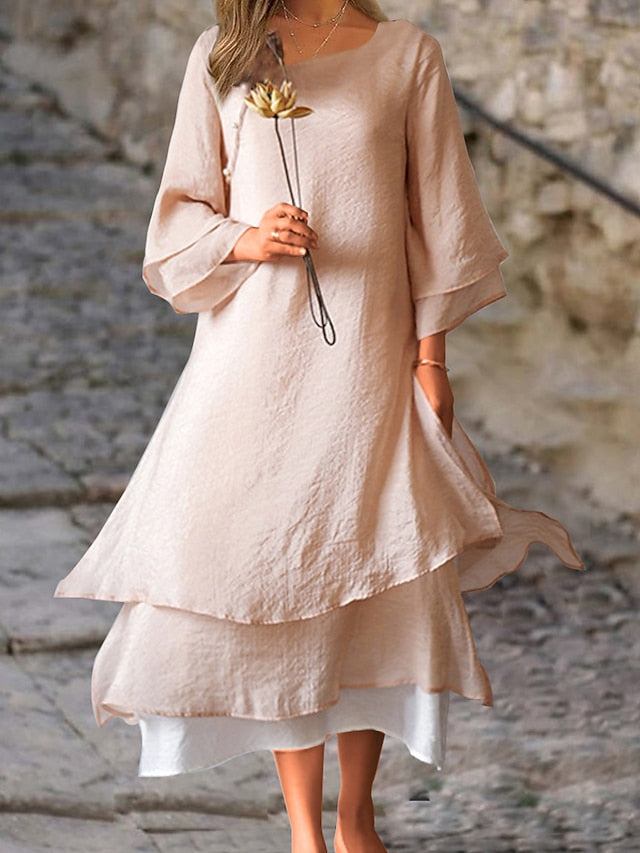 Women's Light Pink White Summer Spring Fall Midi Dress