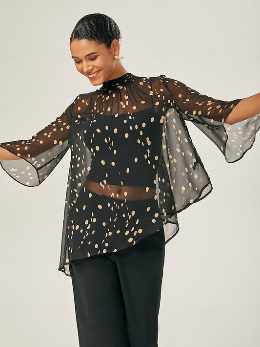 Black-Yellow Dot Asymmetric Chiffon Blouse