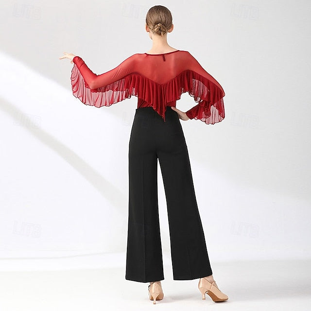 Women's Ballroom Dance Top Sheer Mesh Ruffle Batwing Sleeve