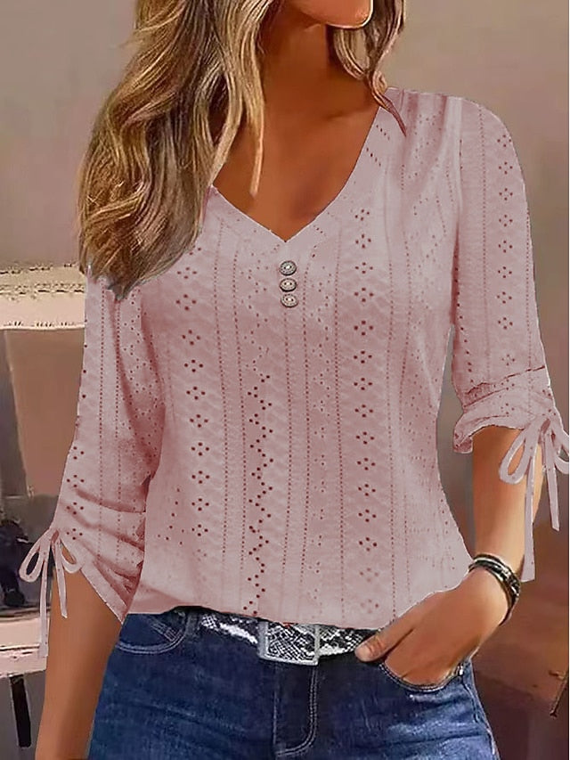 Women's T Shirt Eyelet top Dressy Tops Buttons Plain